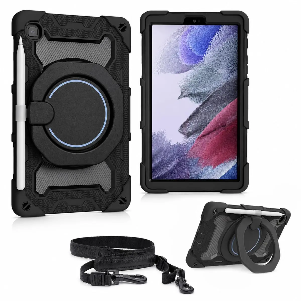 Capa para Samsung Galaxy Tab A9+ 11" (SM-X210/X216/X218) com Suporte 360°, Alça de Ombro, Rugged Antiimpacto Preto