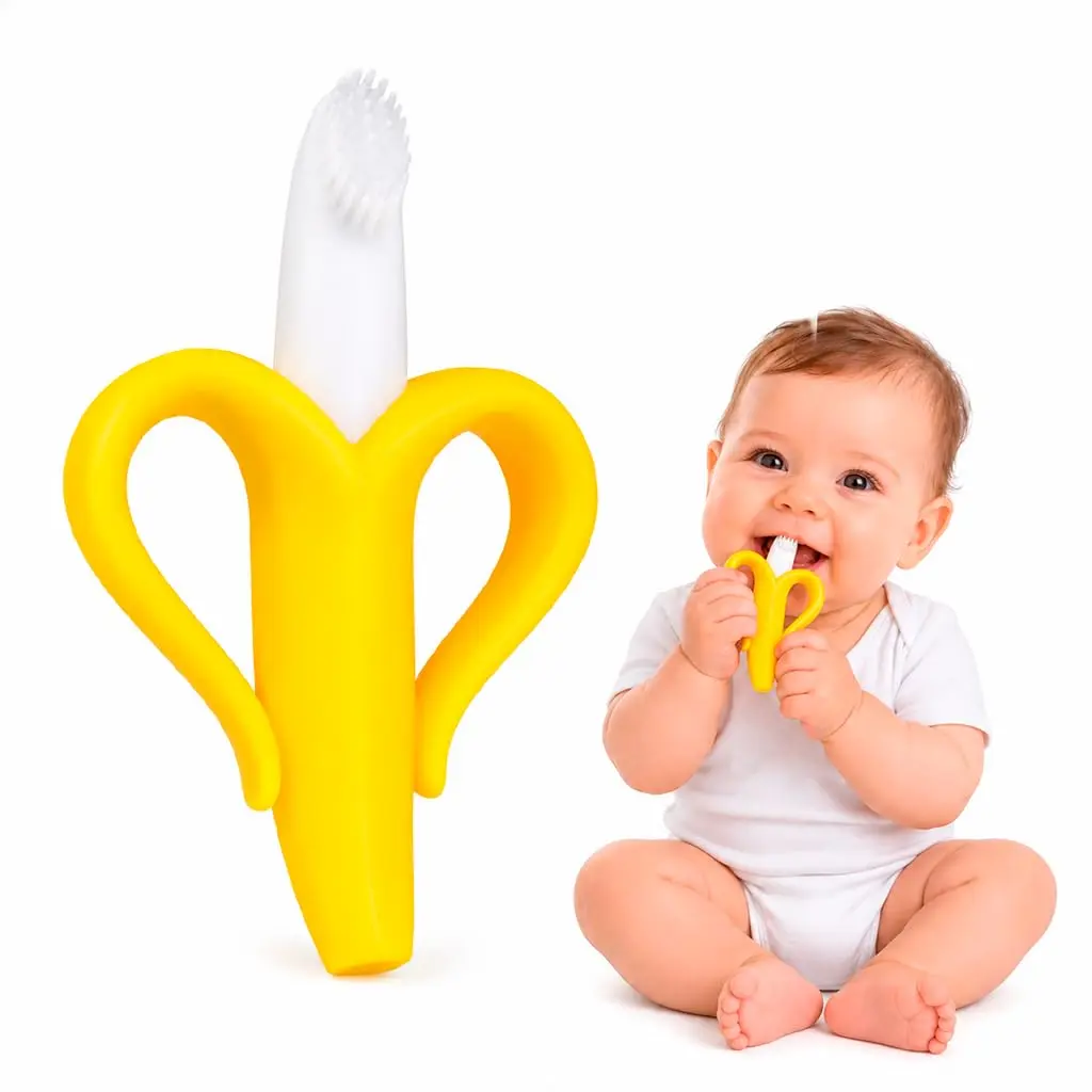 Mordedor Bebê Banana Silicone 10cm Escova Massageador Gengiva Premium | Para Dentição, Anti Estresse, Alívio de Dor, Fácil de Segurar, 0-12 Meses, Macio e Seguro, Livre de BPA, Anatômico,
