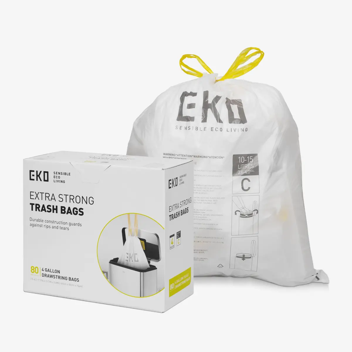 EKO 10 a 15 litros, 80 sacos de lixo pequenos com cordão, sacos de lixo extra fortes sem cheiro, rolo de fácil distribuição para cozinha e uso doméstico, resiste a rasgos, vazamentos e perfurações - 1