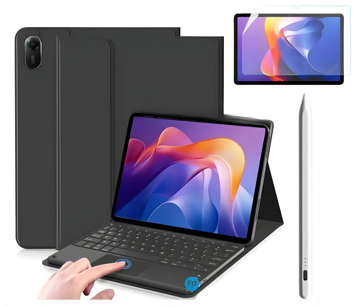Capa c/Teclado para Redmi Pad 2 + Película Paperlike + Caneta - FD (Preto)