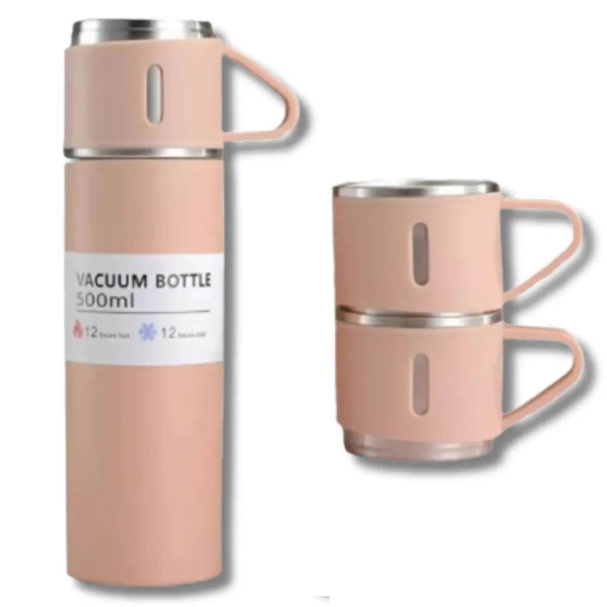 Kit Garrafa Térmica com 3 Xícaras, Inox, 500ml, Bebidas Quente e Fria (ROSA) - 1