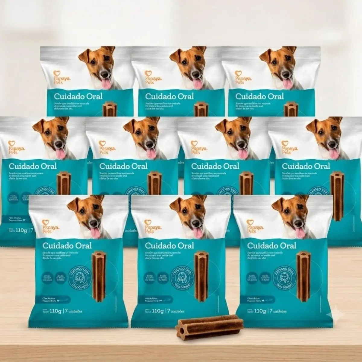 Kit 10 Pacotes - Petisco Cuidado Oral Papaya Pets 110g para Cães de Pequeno Porte - Auxilia no Controle do Tártaro e Hálito Fresco