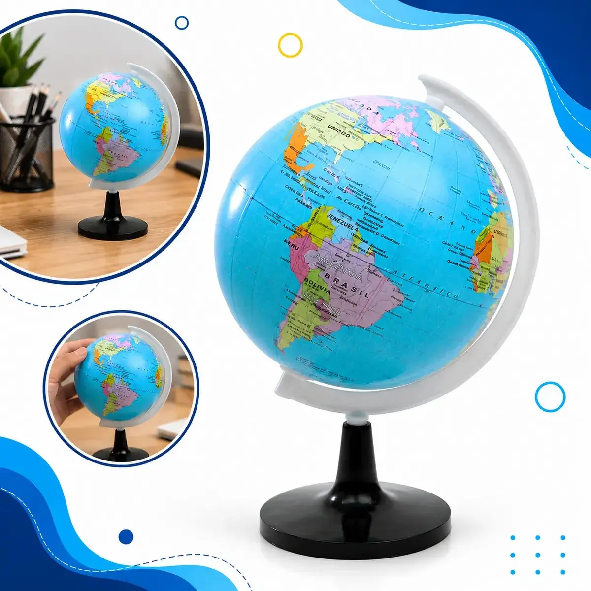 Globo Terrestre Decorativo Giratório 8,5cm Mapa Mundi Mesa Escritório Sala Quarto Gurumania