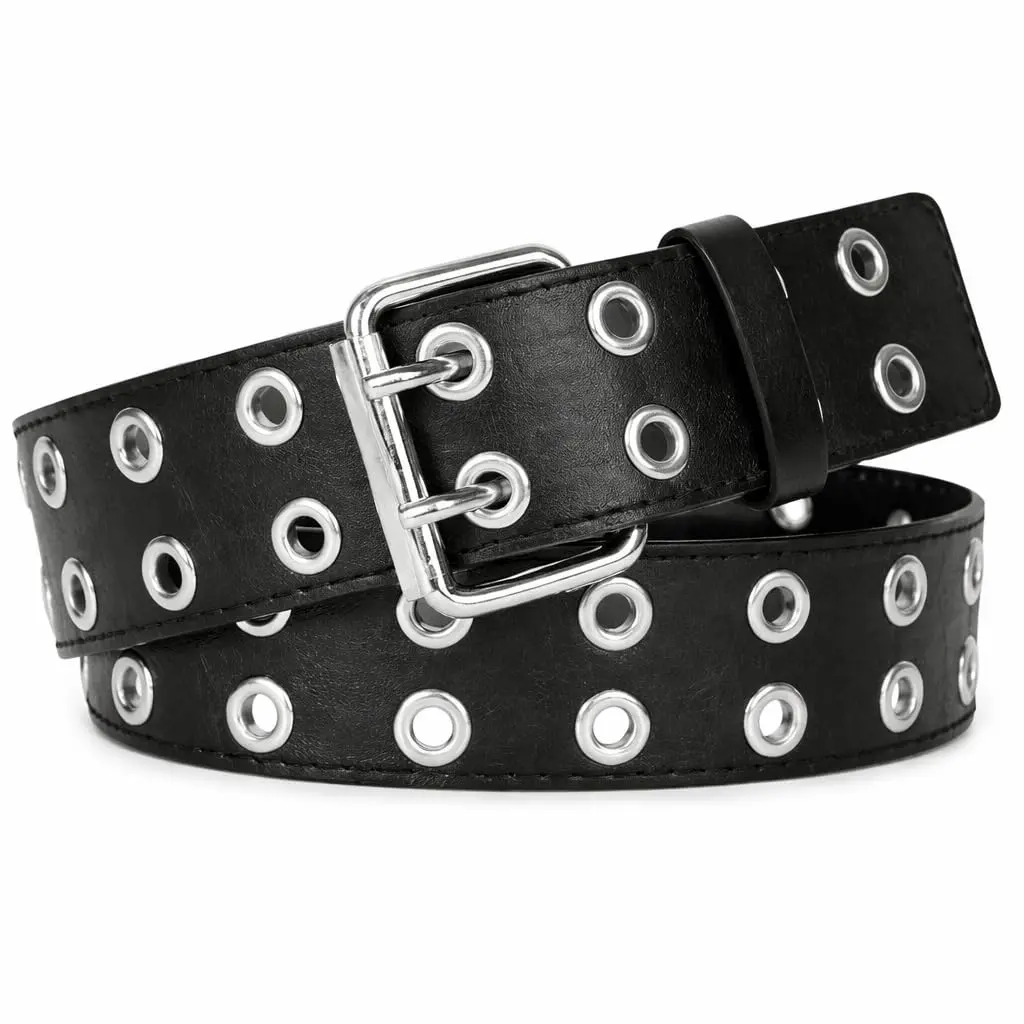 Cinto Punk Duplo Ilhós Ajustável Unissex em Couro Sintético Preto - Estilo Urbano, Moderno e Rock com Fivela Dupla de Metal - 1
