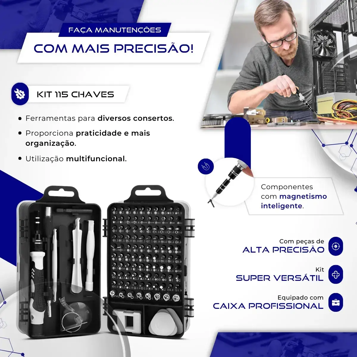 Kit Chave Precisão Profissional 115 Peças Magnético Manutenção Celular Notebook Jogo Compacta Multiuso iPhone Computador Vídeo Game Tablet Philips FendaTorx Y Nixzen thumbnail 2