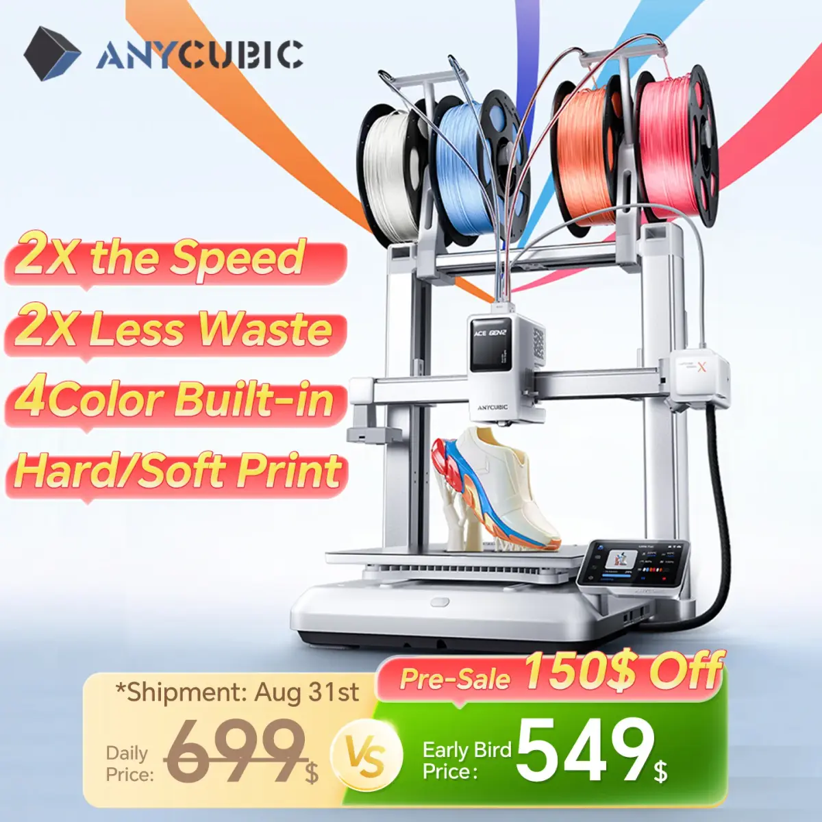 NOVO ANYCUBIC Kobra X Impressora 3D Multicolorida com Impressão de Materiais Macios e Duros em 4 Cores Velocidade Máxima de Impressão de 600mm/s