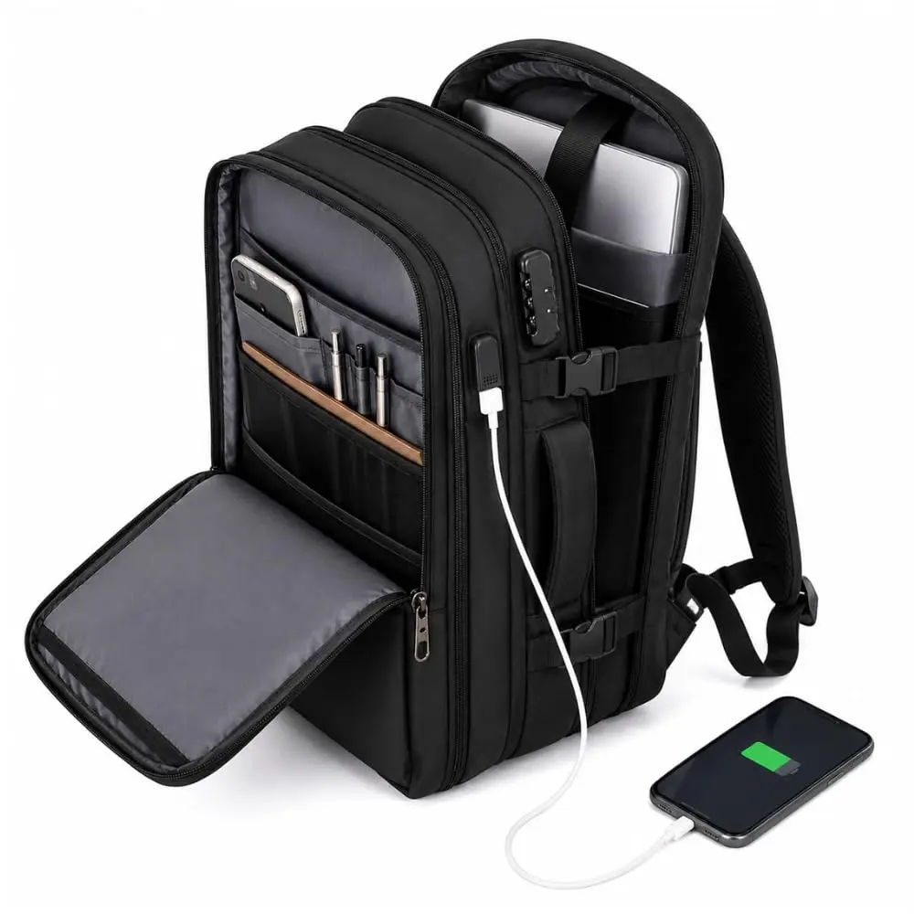 Mochila Viagem Expansível Notebook Entrada USB Cadeado Senha Alça para Mala | Expansível, Para Viagem, Compartimento Notebook