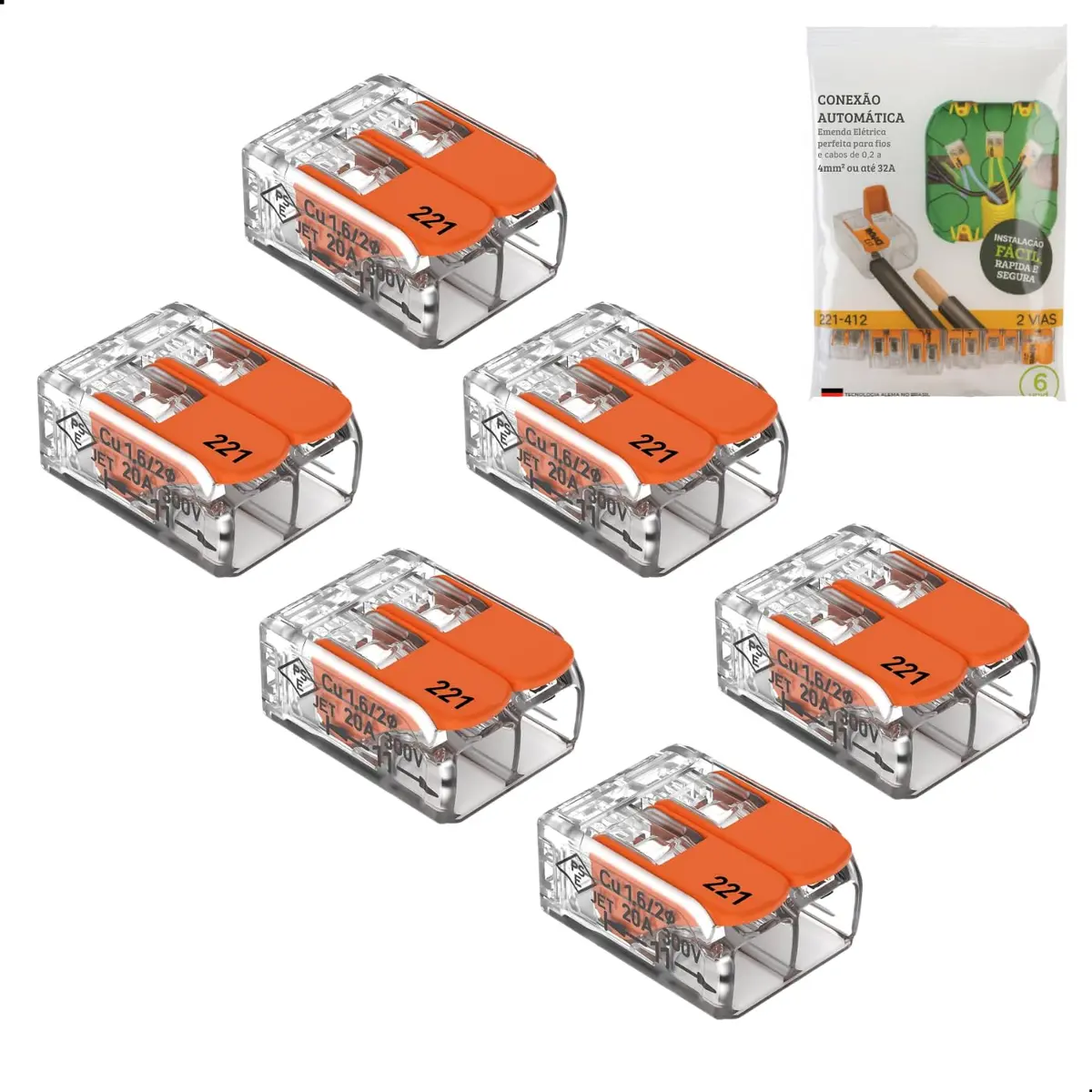 Kit 6 Conectores 221-412 2 Vias 20A CAGE CLAMP Tomada Ventilador Cx Pass.