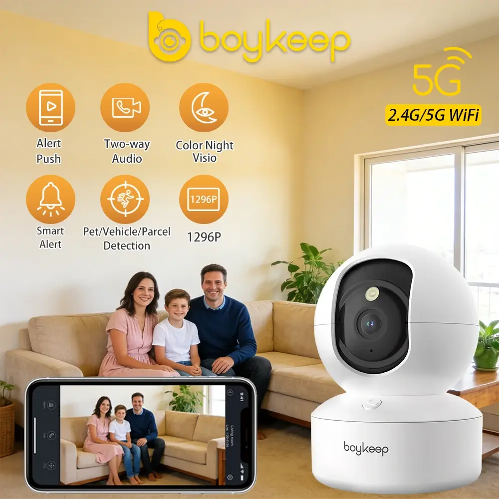 Câmera de Segurança Inteligente BoyKeep 2K WiFi Dual Band 5G/2.4GHz para Vigilância Interna, 360 °   PTZ, Visão Noturna IR, Áudio Bidirecional