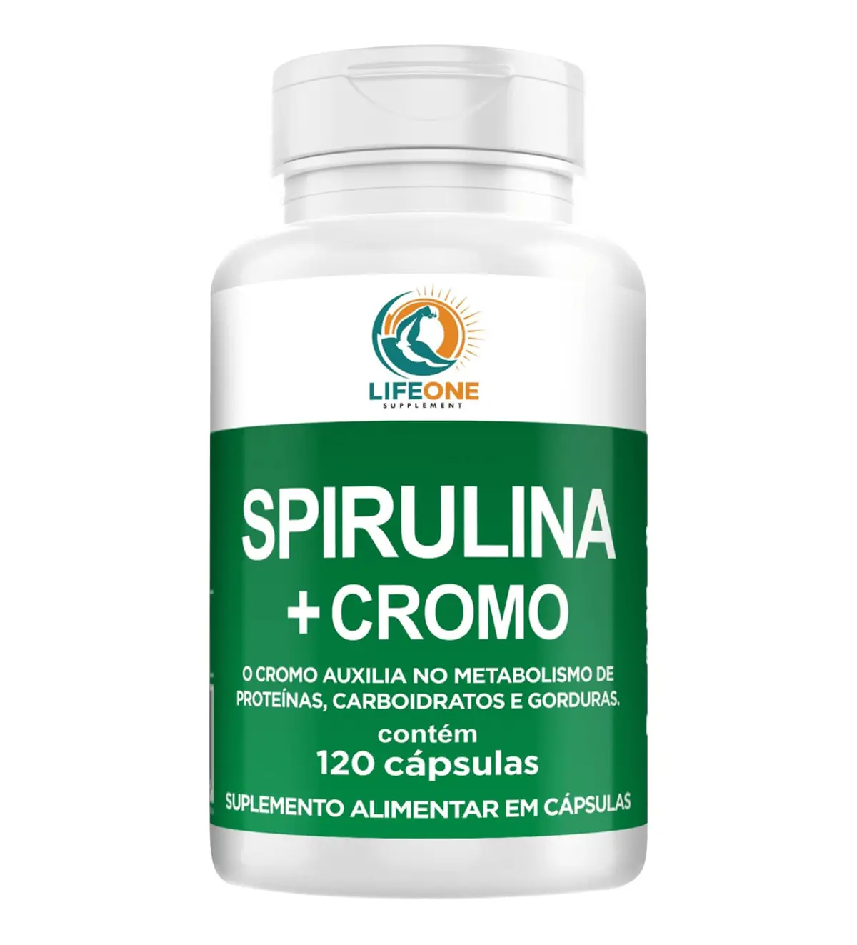 Spirulina com Picolinato de Cromo, Suplemento Alimentar, 1800mg Spirulina, 250mcg Cromo, 120 Cápsulas, Life One