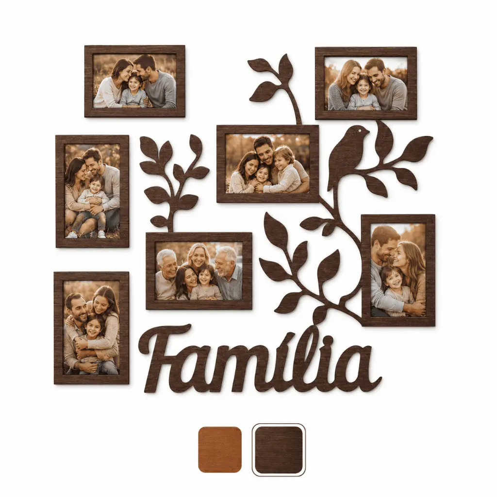 Porta Retrato Família MDF De Parede 7 Fotos Galhos Decorativo - 1