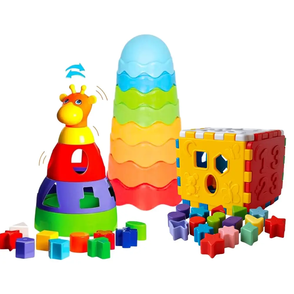 Kit Brinquedos Educativos Bebê 1 Ano Blocos Didáticos Encaixe Formas Cores Coordenação Motora Interativo Pedagógico Atividades Torre de Empilhar Multicolorido Estimula Desenvolvimento