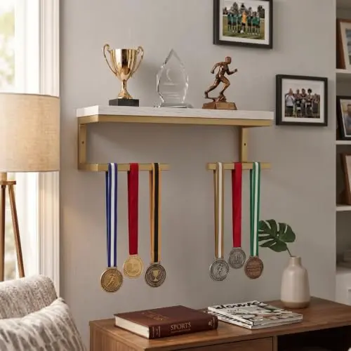 Porta Medalhas de Parede com Prateleira para Troféus em Aço e MDF(Dourado-Fosco) - 1