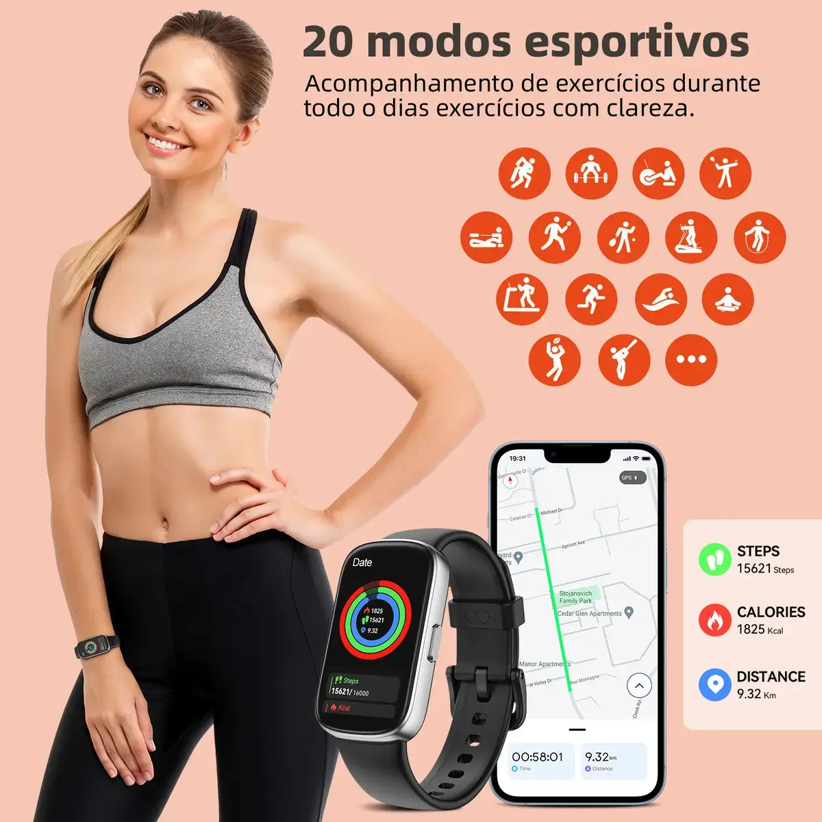 Relógio Inteligente Smart Band Sports E À Prova De Água Caixa Preto thumbnail 5