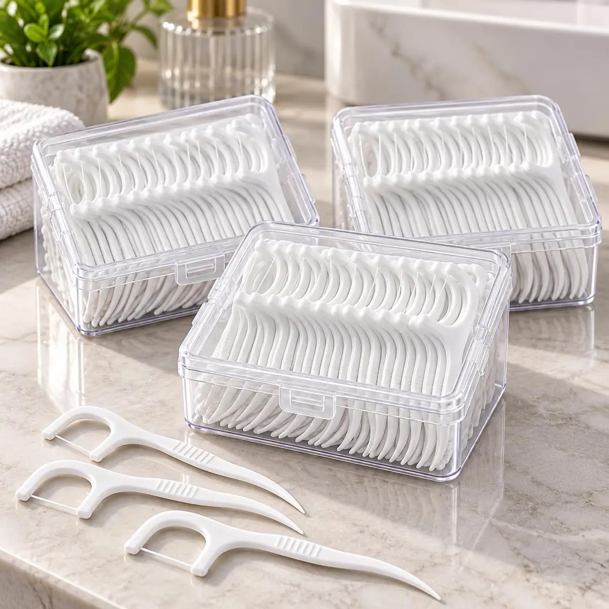 Fio Dental com Haste 2 em 1 Floss Picks Kit 150 Unidades 3 Estojos | 150 unidades em 3 estojos com trava, fio resistente e cabo texturizado para uma rotina prática de higiene bucal. - 1