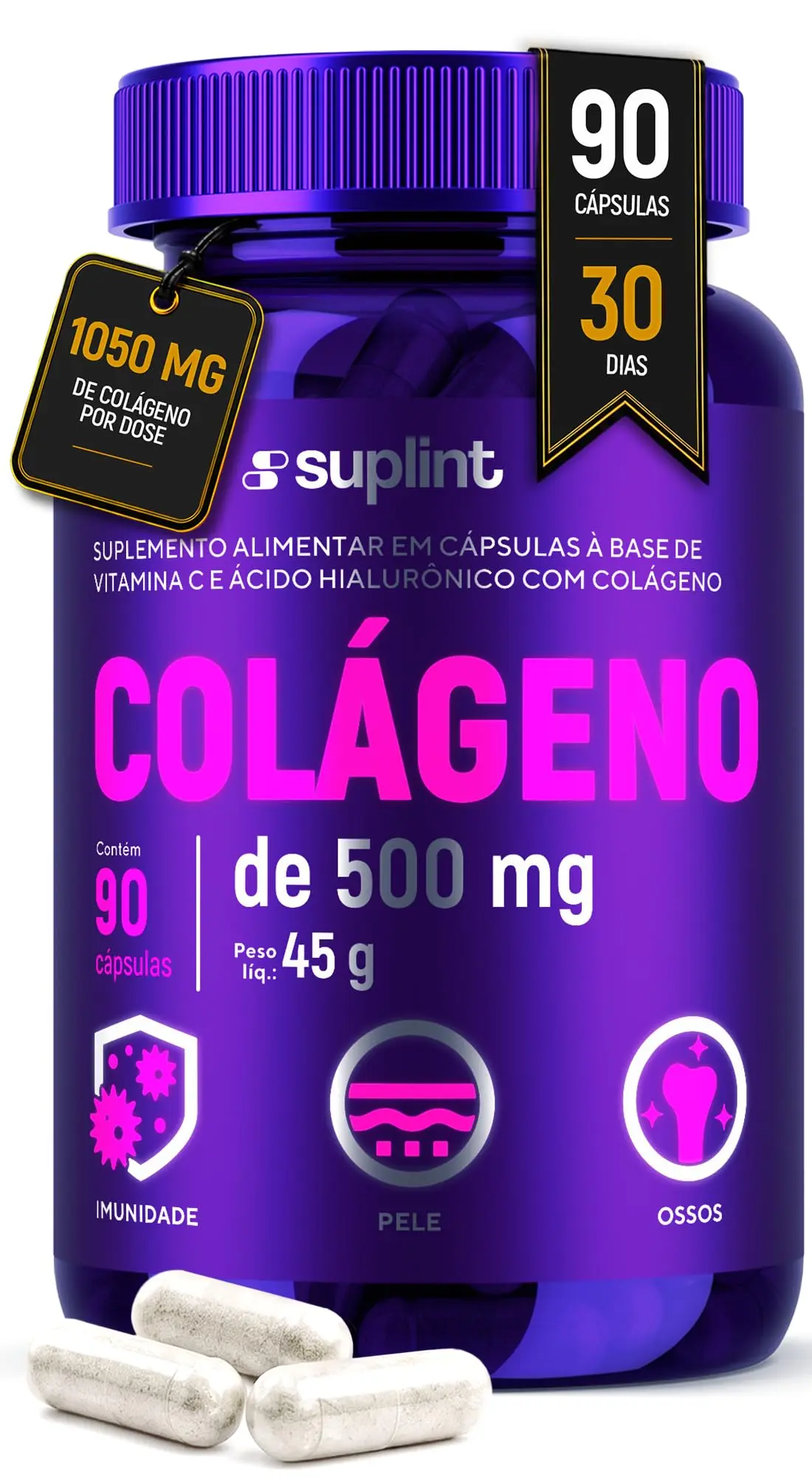 Colágeno Hidrolisado 1050 mg com Ácido Hialurônico e Vitamina C – Suplemento Alimentar – Sem Glúten e Sem OGM – 90 Cápsulas