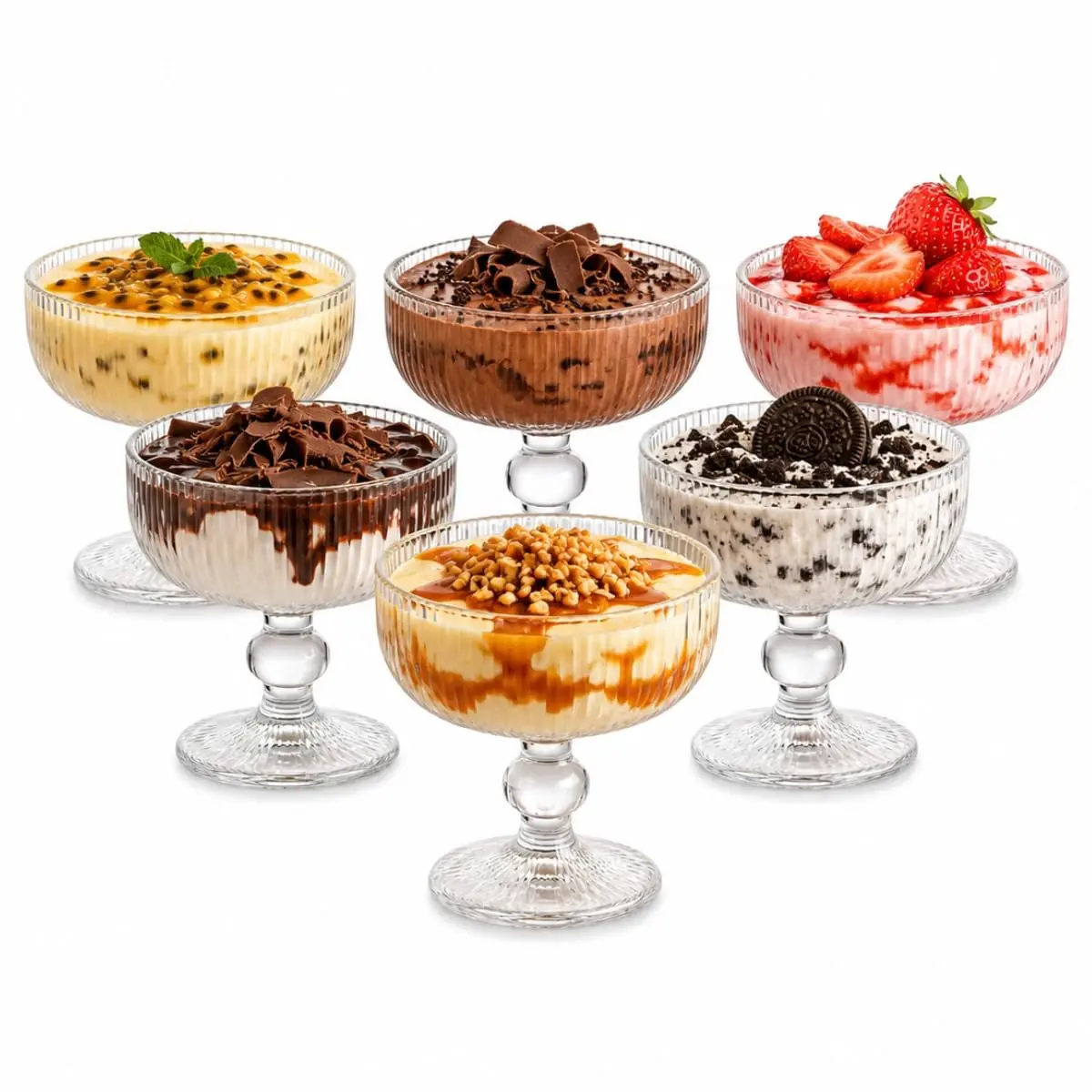 Conjunto de 6 Taças em Vidro Jogo Canelado para Sobremesa e Sorvete 320ml Casa Buritis