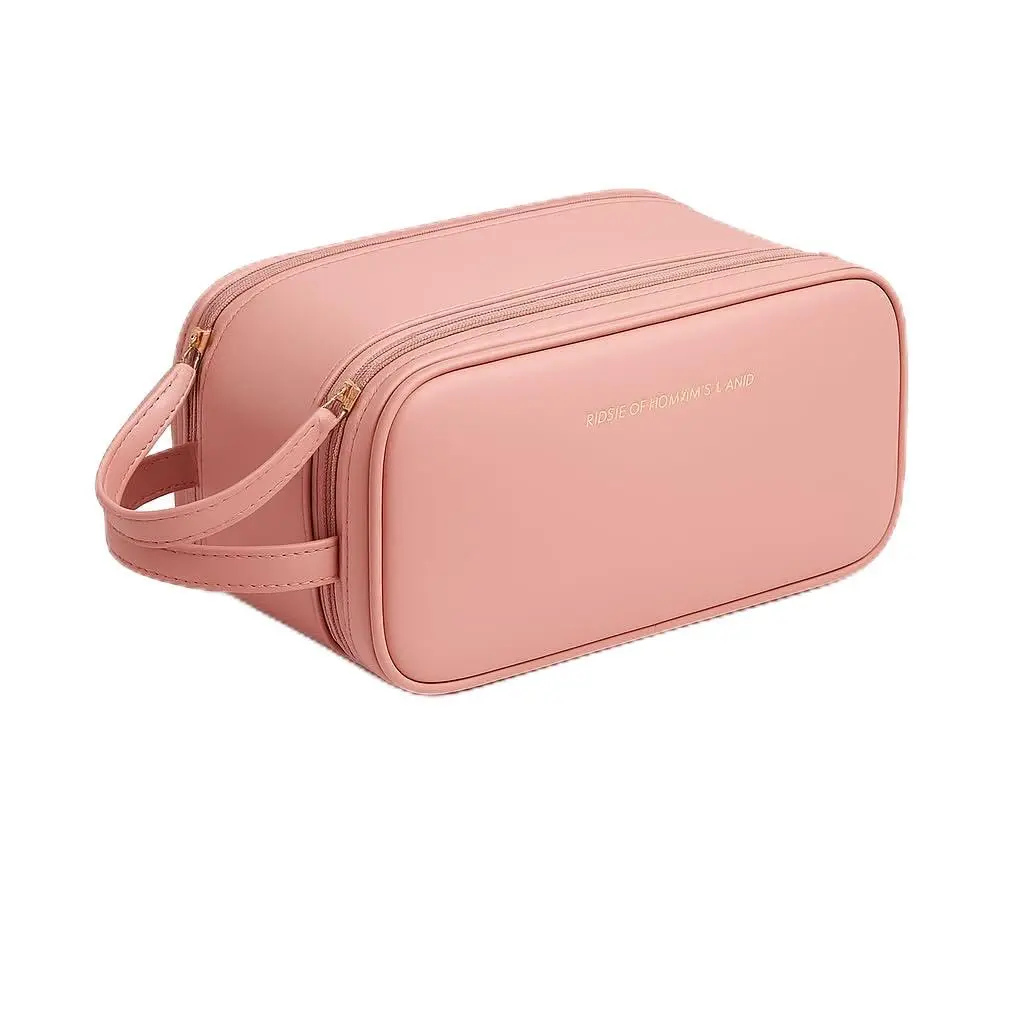 Necessaire Bolsa Organizadora de Maquiagem Couro Sintético Grande Capacidade com Duas Camadas, Alça Lateral, Divisórias Internas e Suporte para Pincéis – Ideal para Viagem (Rosa)