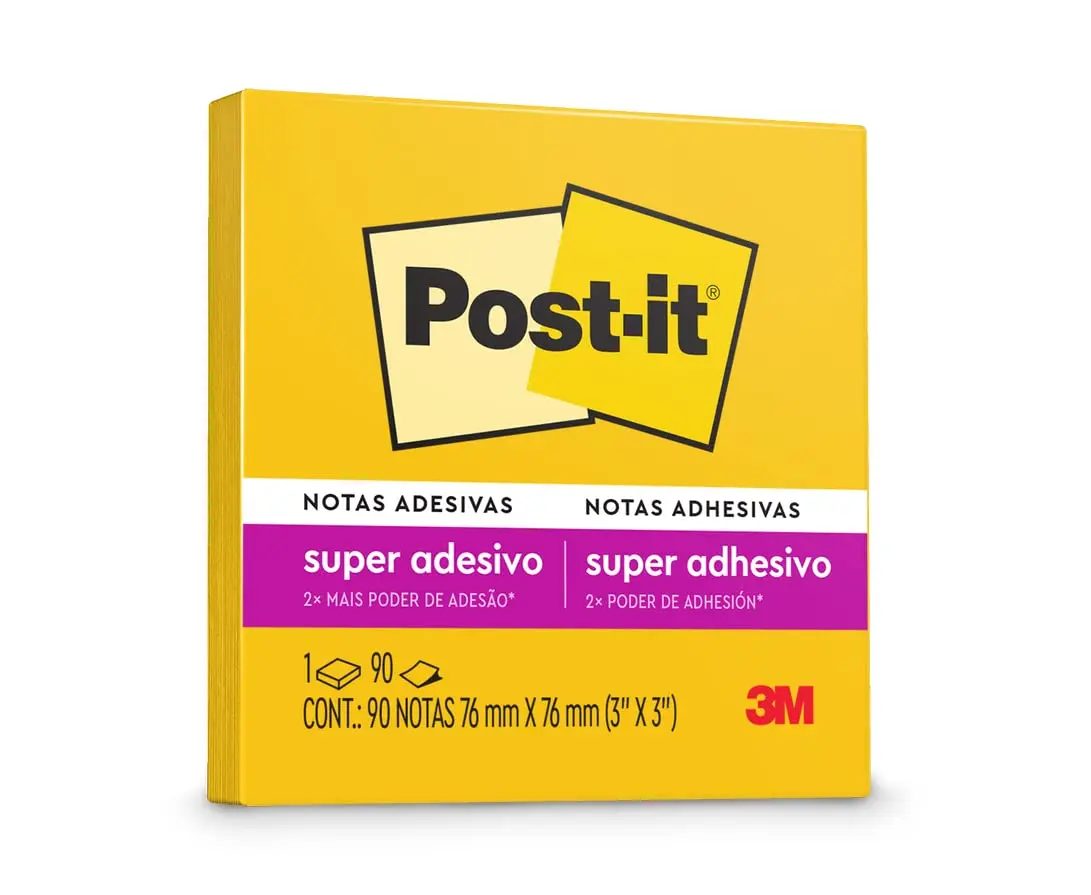 POST-IT 3M Bloco de Notas Super Adesivas Amarelo Sol 90 Folhas | 78 mm x 76 mm, Adesão Excelente, Ideais para Anotações e Recados em Superfícies Verticais, Como Paredes, Portas, Janelas - 1