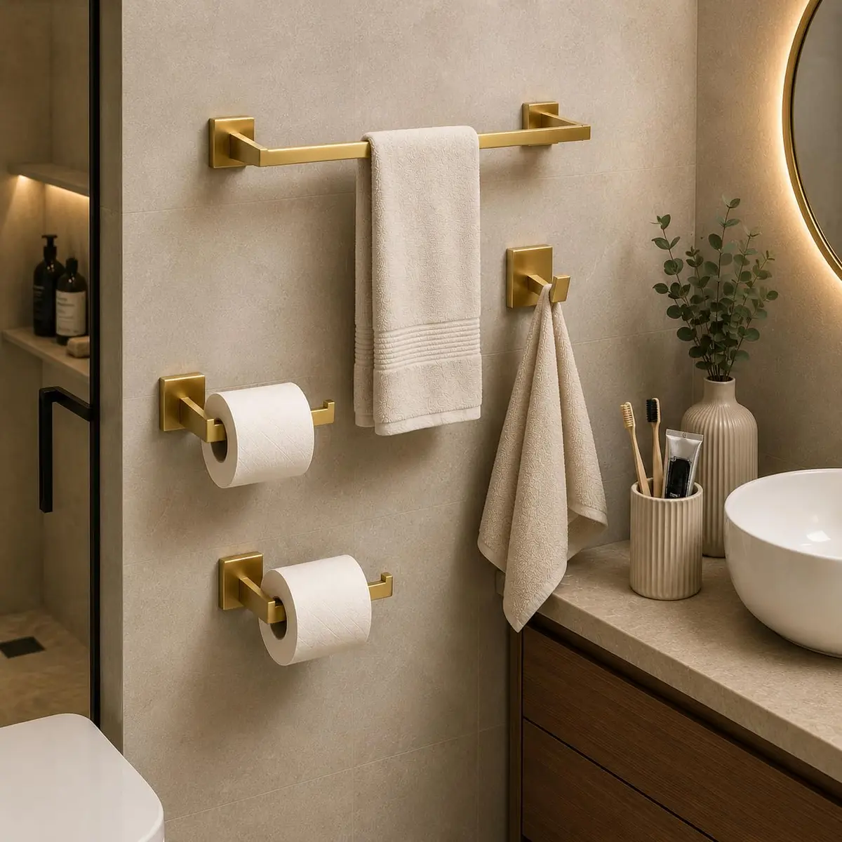 Acessórios de Banheiro Dourado Kit com 4 peças montados na parede | acessorios para pendurar banheiro
