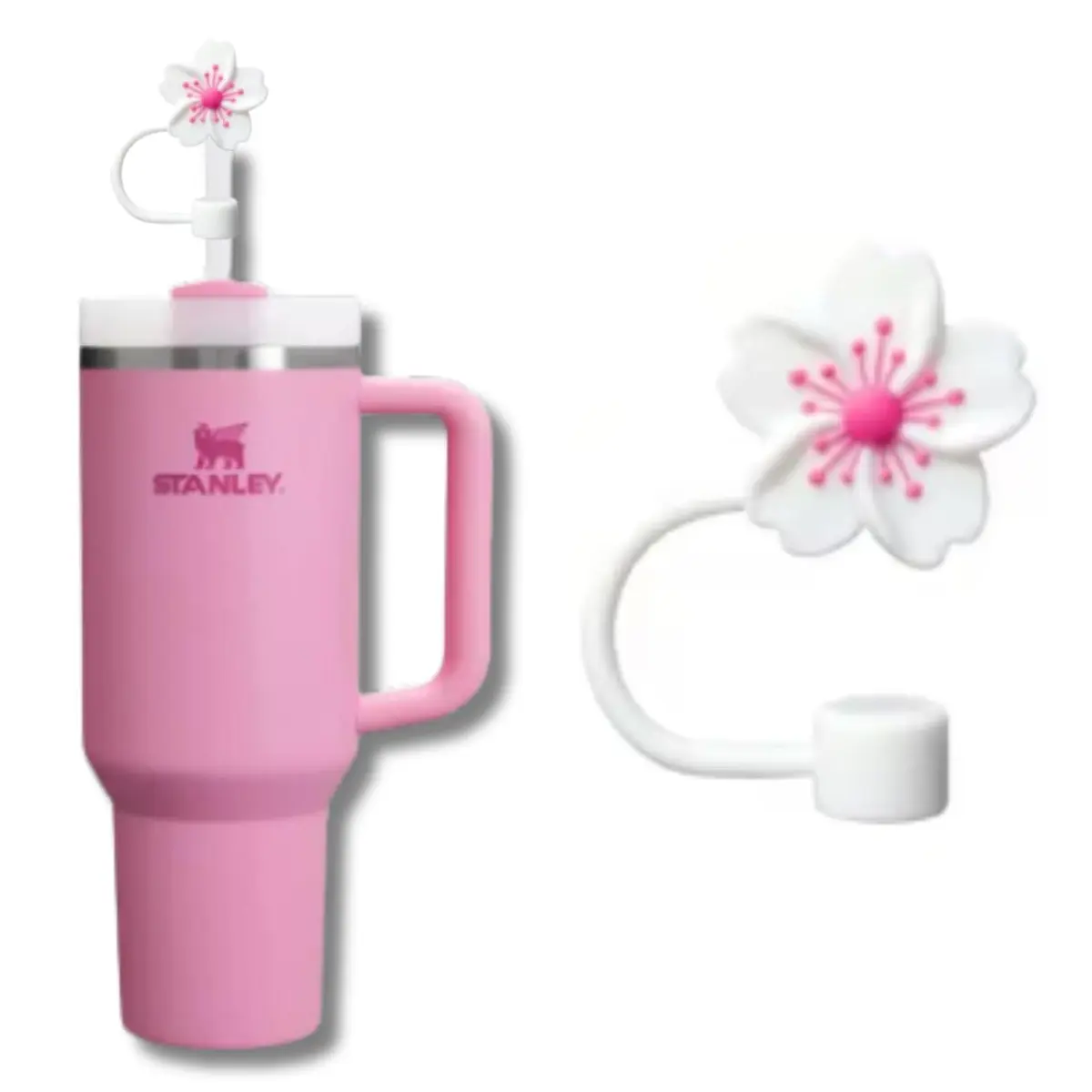Tampa para Canudo Tampa Protetora de Silicone para Canudo Copo Stanley 10mm Higiene Praticidade para Seu Copo e Garrafa (Flor Japonesa Rosa e Branca)