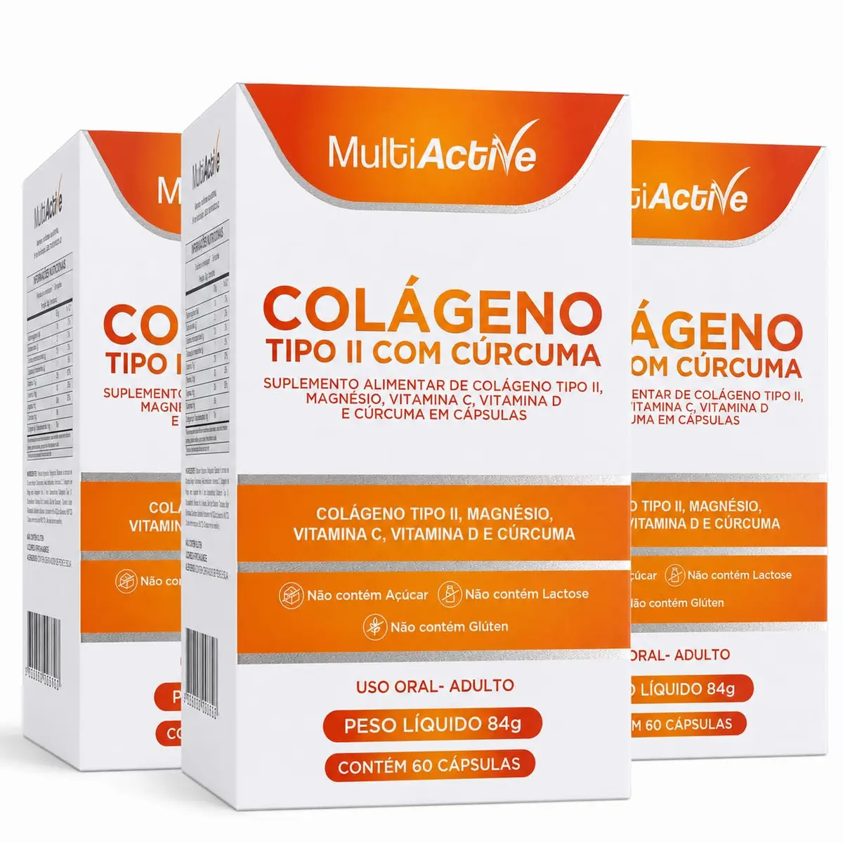 Kit 3 Colageno Tipo 2 Nao Desnaturado UC-II Curcumina Curcuma Magnesio Quelato Vitamina C Vitamina D3 60 Capsulas Softgel Suplemento Alimentar Formula Completa Sem Gluten Sem Lactose Multiactive