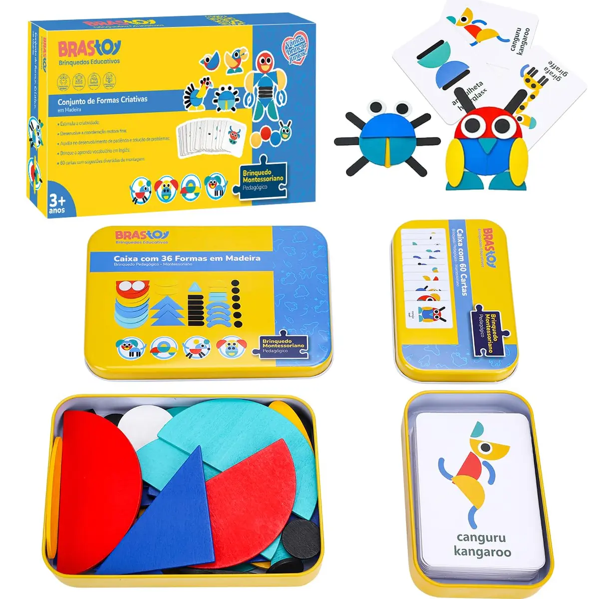 Brinquedo de Aprendizagem Montessori - Quebra-cabeça de Madeira, Contendo 36 Blocos e 60 Cartas, Adequada para Crianças de 3 Anos
