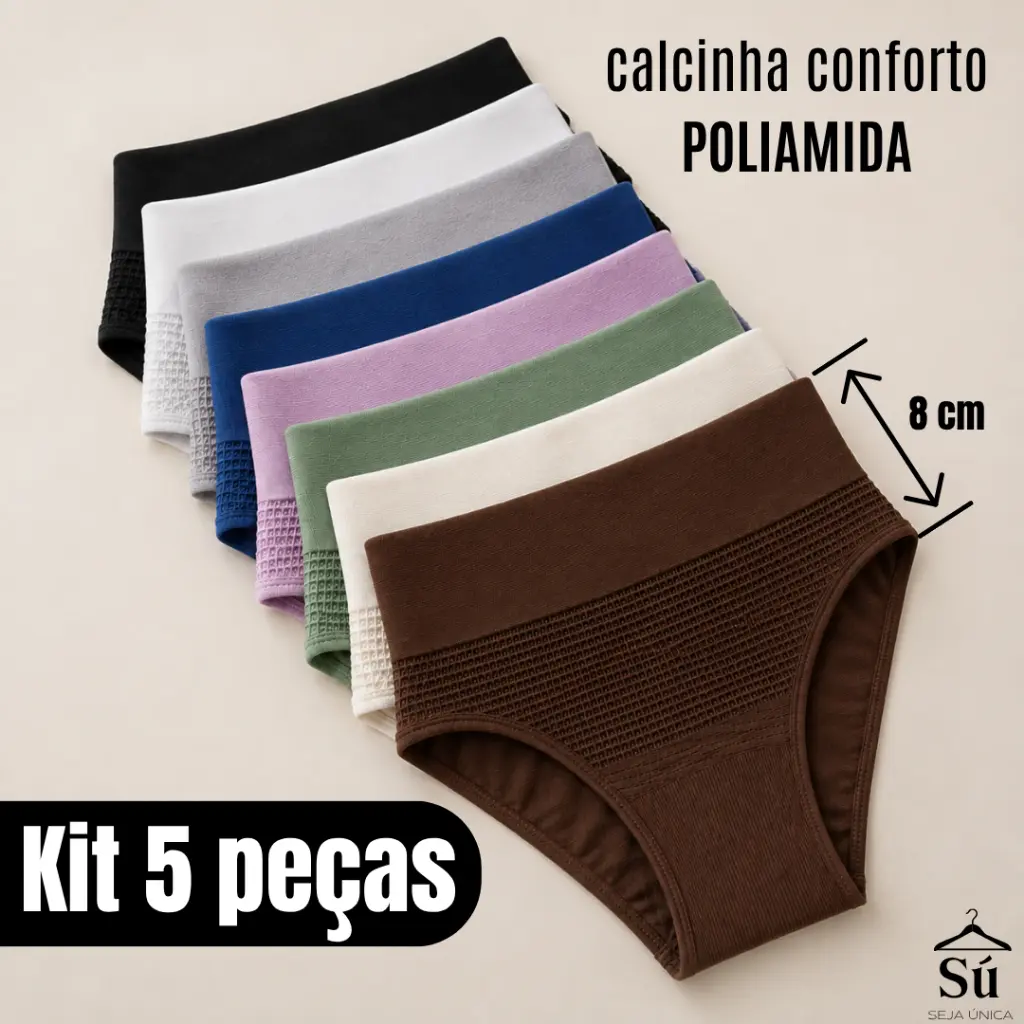 Kit 5 Calcinhas Femininas Cós Alto Duplo Poliamida Premium Confortável Modeladora Não Marca - 1