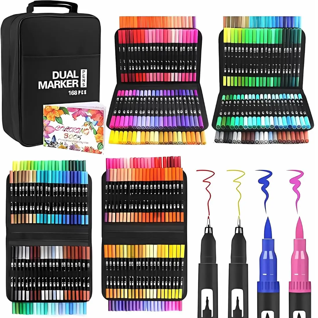 Canetas Brush Pen 168 Cores Ponta Dupla Fina e Pincel Base Água | Ponta fina 0,4mm e pincel 1–2mm, para colorir, desenhar, ilustrar, lettering e papelaria criativa