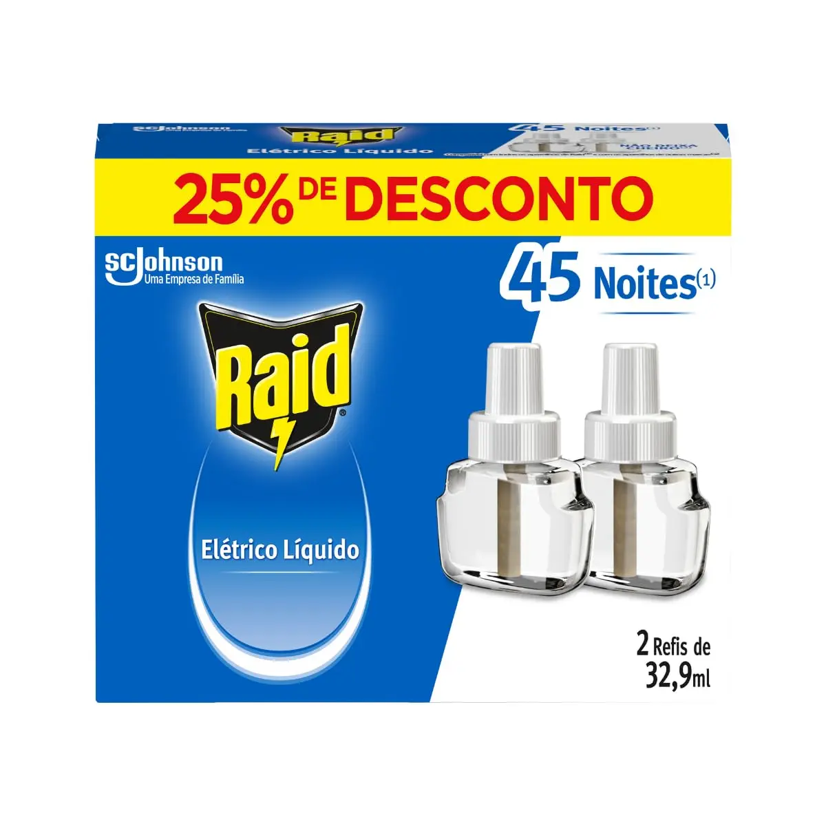 Raid Repelente Elétrico Líquido 45 Noites, 2 Refis de 32,9ml