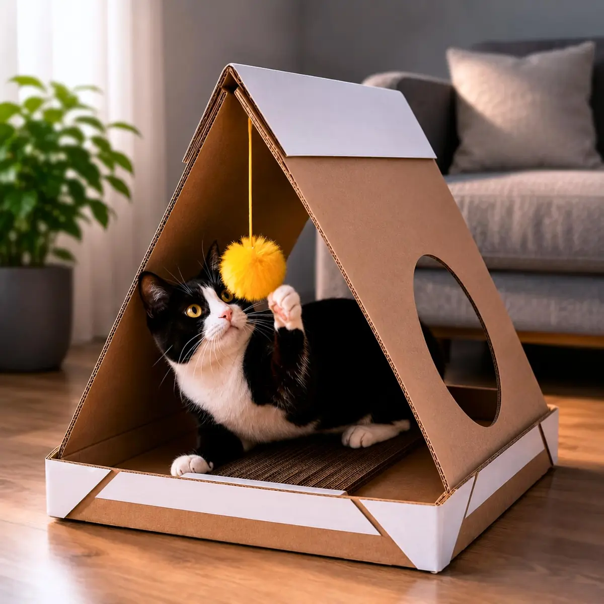 Casa de Gato 3 em 1 com Arranhador Duplo, Brinquedo e Toca  - Catbana | Arranhador Duplo, Brinquedo, Toca