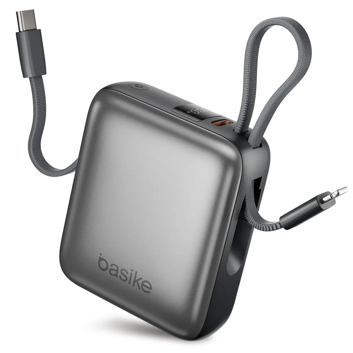Basike Carregador Portátil 10000mAh, Mini Power Bank(Cinza) | Cabos Integrados, Carregamento Rápido 22.5W(MAX), Pequeno, Led Indicador de Bateria para iPhone/Samsung/Huawei/Xiaomi, etc