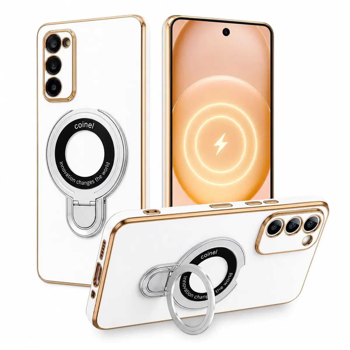 Capa Compatível com Samsung Galaxy A57 5G, Capinha Metalizada com Anel Magnético Giratório, Suporte Dobrável, Estrutura em PC e Proteção para Uso Diário(Branco)