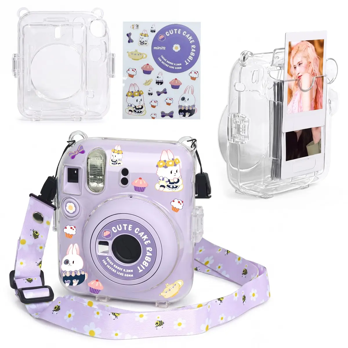 Capa Protetora Transparente para Instantânea Mini 12 Bolso Traseiro Filmes | Capa Rígida de PC com Alça de Ombro Removível Roxo e Adesivos Decorativos, Proteção Antirriscos