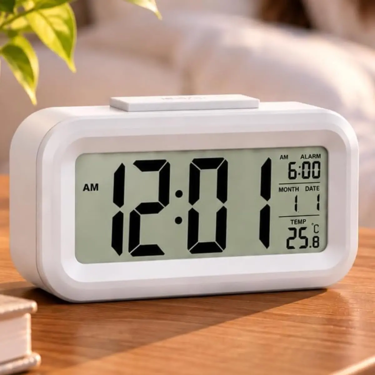 Relógio de Mesa Digital Despertador Visor LCD Temperatura Calendário Branco | Visor LED com Backlight suave - Função Snooze Inteligente - Exite hora, data e dia - Design Compacto e Moderno