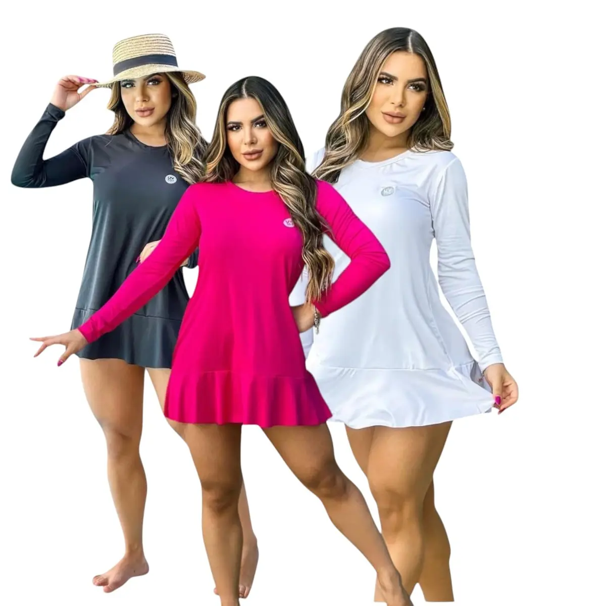 Kit 3 Saída de Praia Feminina com Proteção Solar Vestido Térmico UV50 Moda Praia Férias Verão Malha Fria