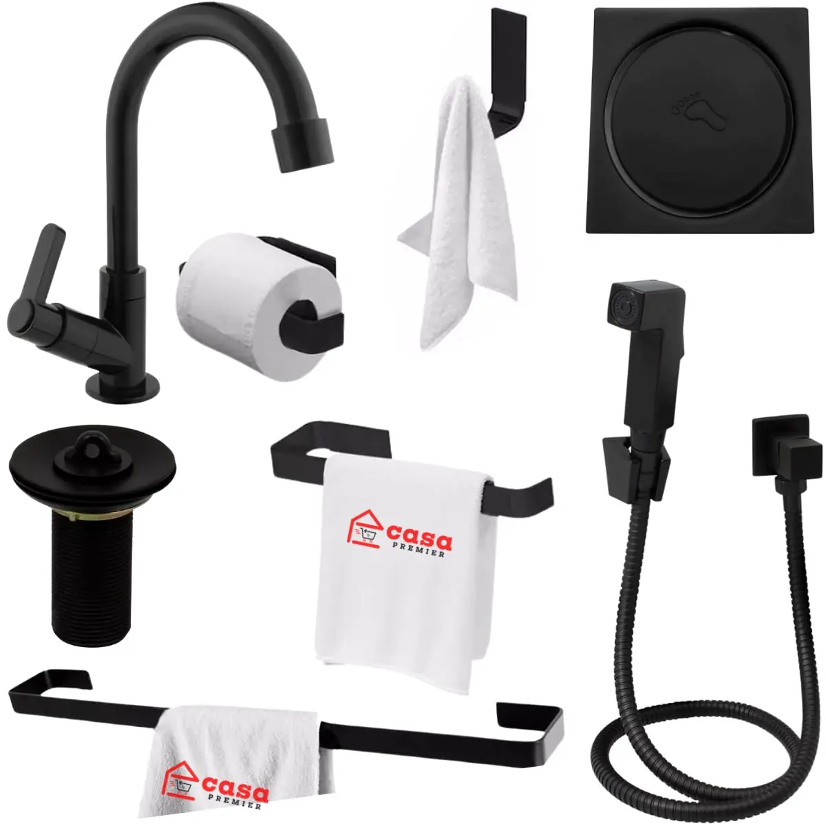 Kit Acessórios Banheiro Luxo Preto Fosco + Ducha Higiênica Black + Ralo Click Inteligente Inox + Válvula Pia Ralo Preto + Torneira Abs Bica Móvel