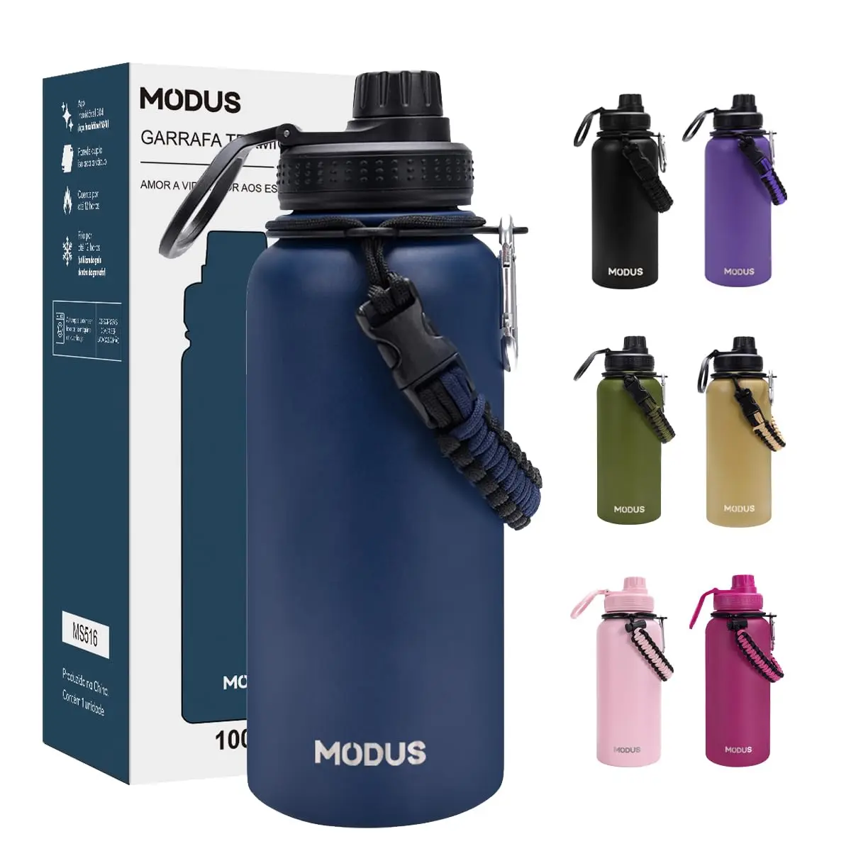 950mL Garrafa Térmica Aço Inoxidável Com Alça Paracord (Azul)