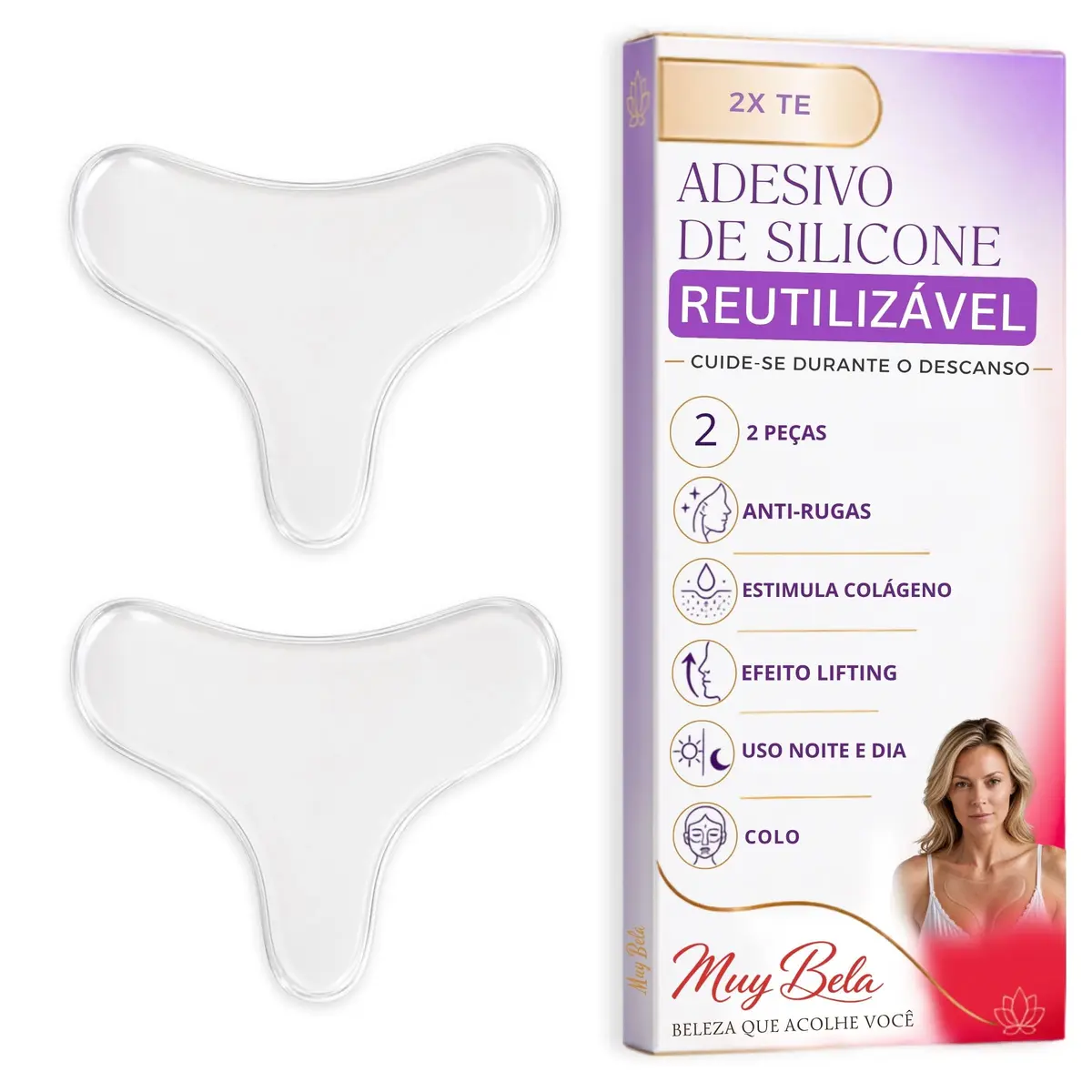 Kit 2 Adesivos Anti Rugas para Colo e Decote Silicone Reutilizável Muy Bela – Patch Lifting Colo Estimula Colágeno Natural Anti Linhas de Expressão Lavável até 30x Skin Care Anti Idade