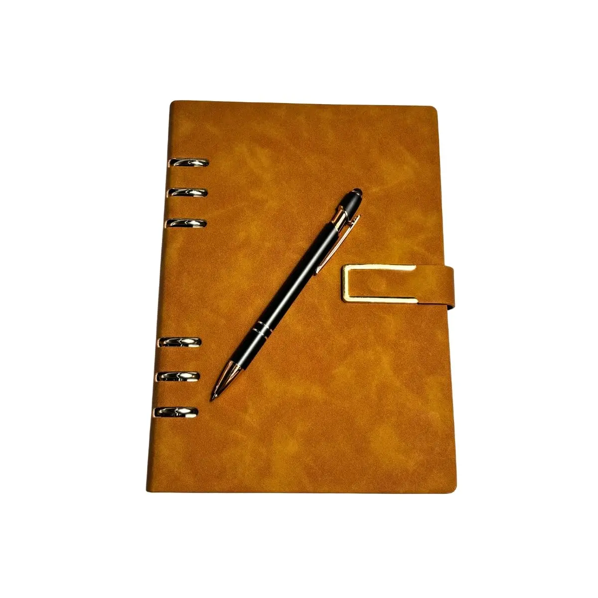 Kit Fichário A5 Couro Com Caneta Metal 100 Folhas 6 Argolas Caderno Imã | Fechamento com Imã, Argolas Douradas, Formato A5, Inclui Caneta Metal, 100 Folhas
