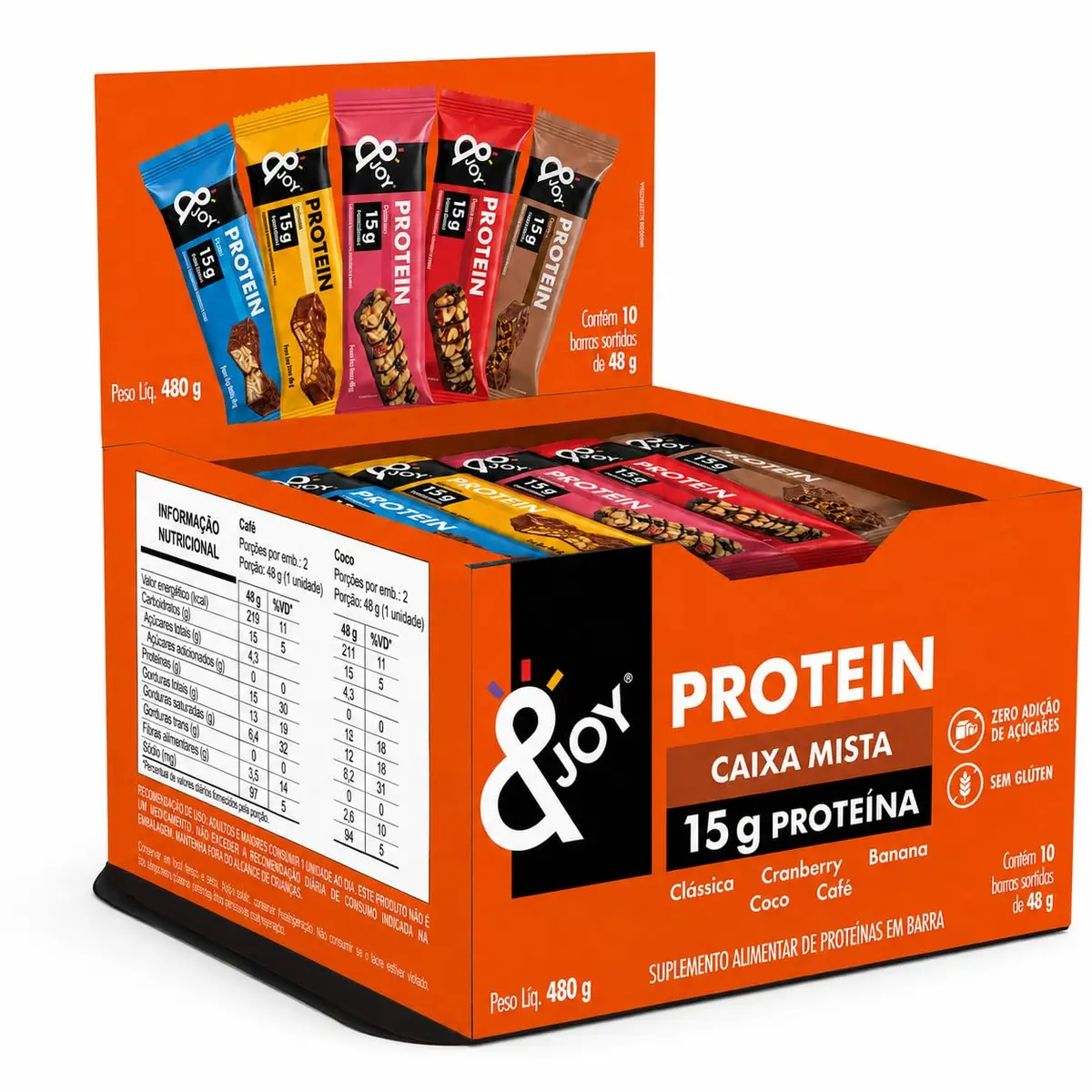 &Joy - Barra de Proteína de Nuts Multipack Sortido 48g - 15g de Proteína - Caixa com 10 Unidades 480g - 5 Sabores com Chocolate - Zero Adição de Açúcares