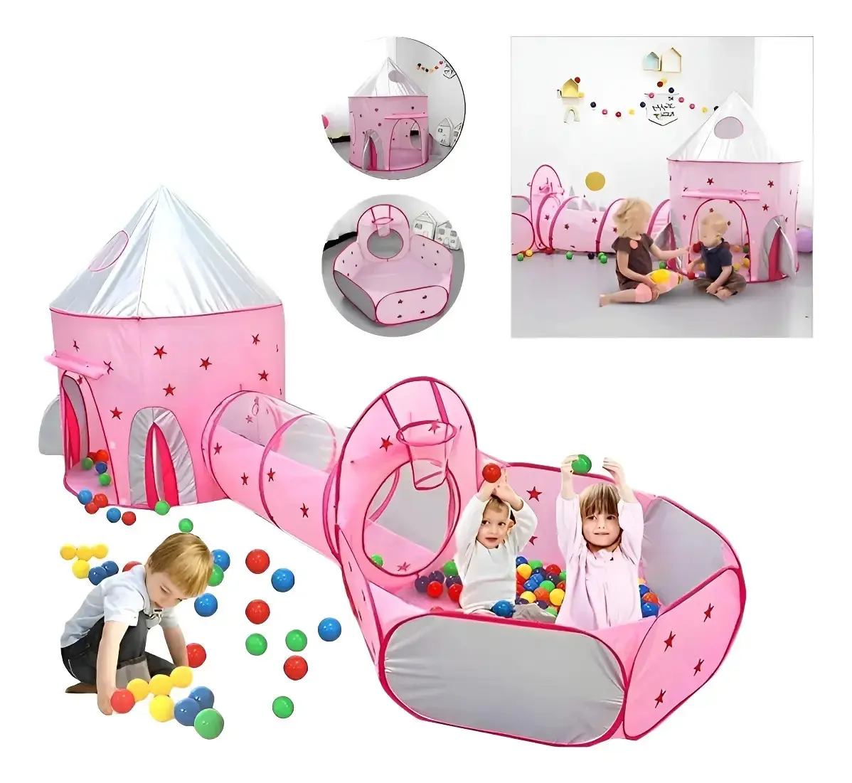 Barraca Infantil Rosa Toca Túnel 3 X 1 Cesta Basquete Barbie Rosa