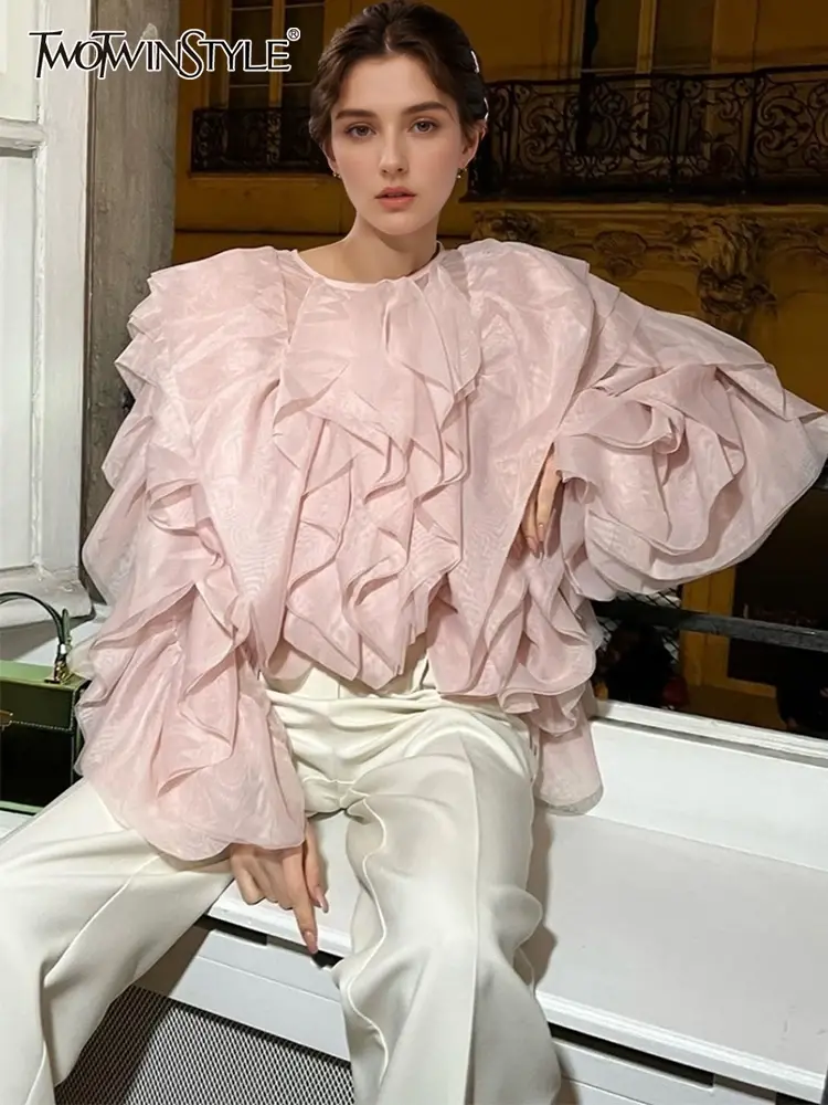 Twotwinstyle elegante chiffon blusas com babados para as mulheres soltas lanterna de manga longa e gola redonda roupas de moda