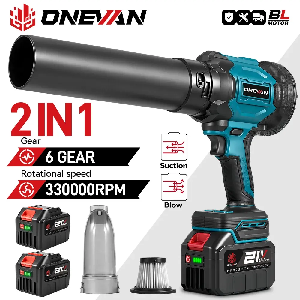 Soprador Elétrico Turbo Sem Escovas ONEVAN 3500W 2 em 1 com Função de Aspiração 350M/S para Soprar Folhas e Poeira, Compatível com Bateria Makita 18V.