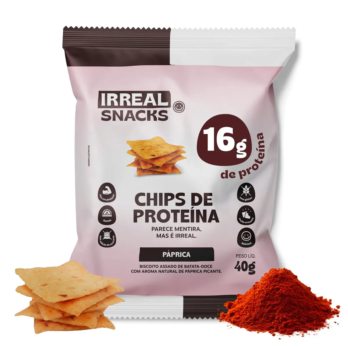 Irreal Snacks, Sabor Páprica, 40g | Snack proteico, Feito com Batata Doce, Caseinato de Cálcio e Proteína de Arroz - 1