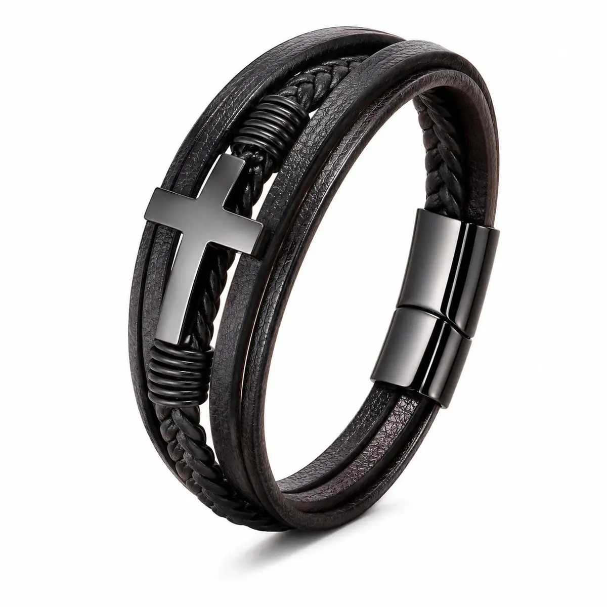 Pulseira Masculina "Christ Style" em Couro e Aço Cirúrgico 316L, Masculino, Fecho Magnético 21cm, Cor Preto - Acompanha Bolsa de Veludo