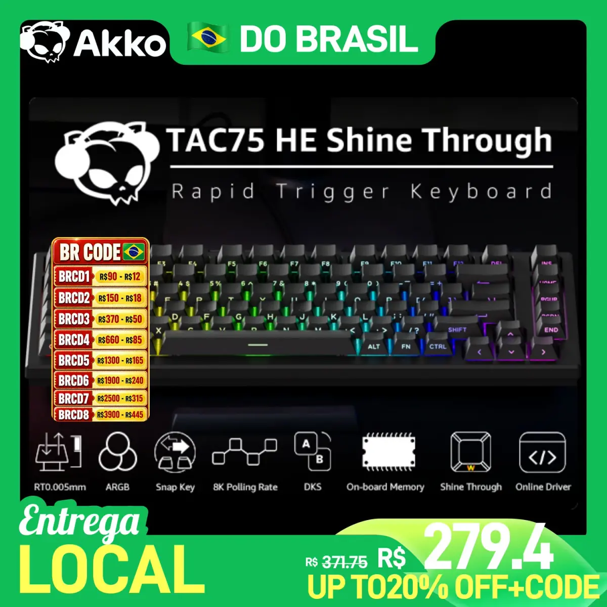 Teclado Mecânico Gamer Personalizado Akko 75% Layout TAC75 HE com Switches Magnéticos Rapid Trigger 0.005mm ARGB e Taxa de Polling de 8K com Fio