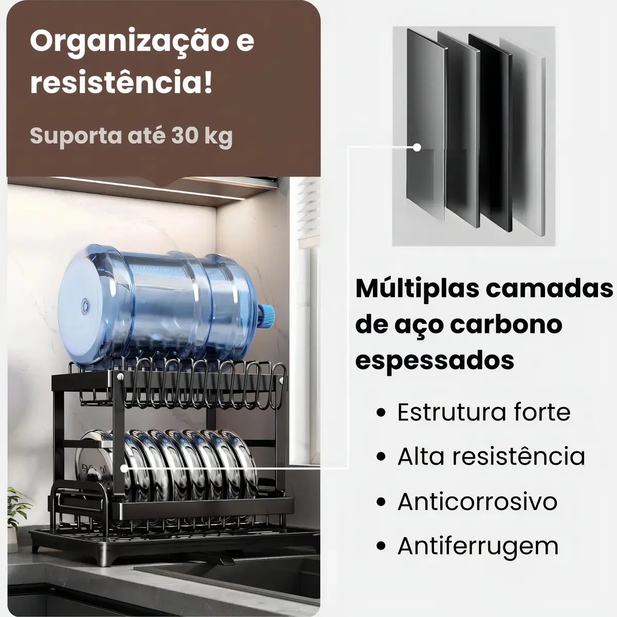 Escorredor de Louças 2 Andares Zelvi Aço Carbono Preto para Pratos Copos Talheres Organizador Pia Cozinha thumbnail 5