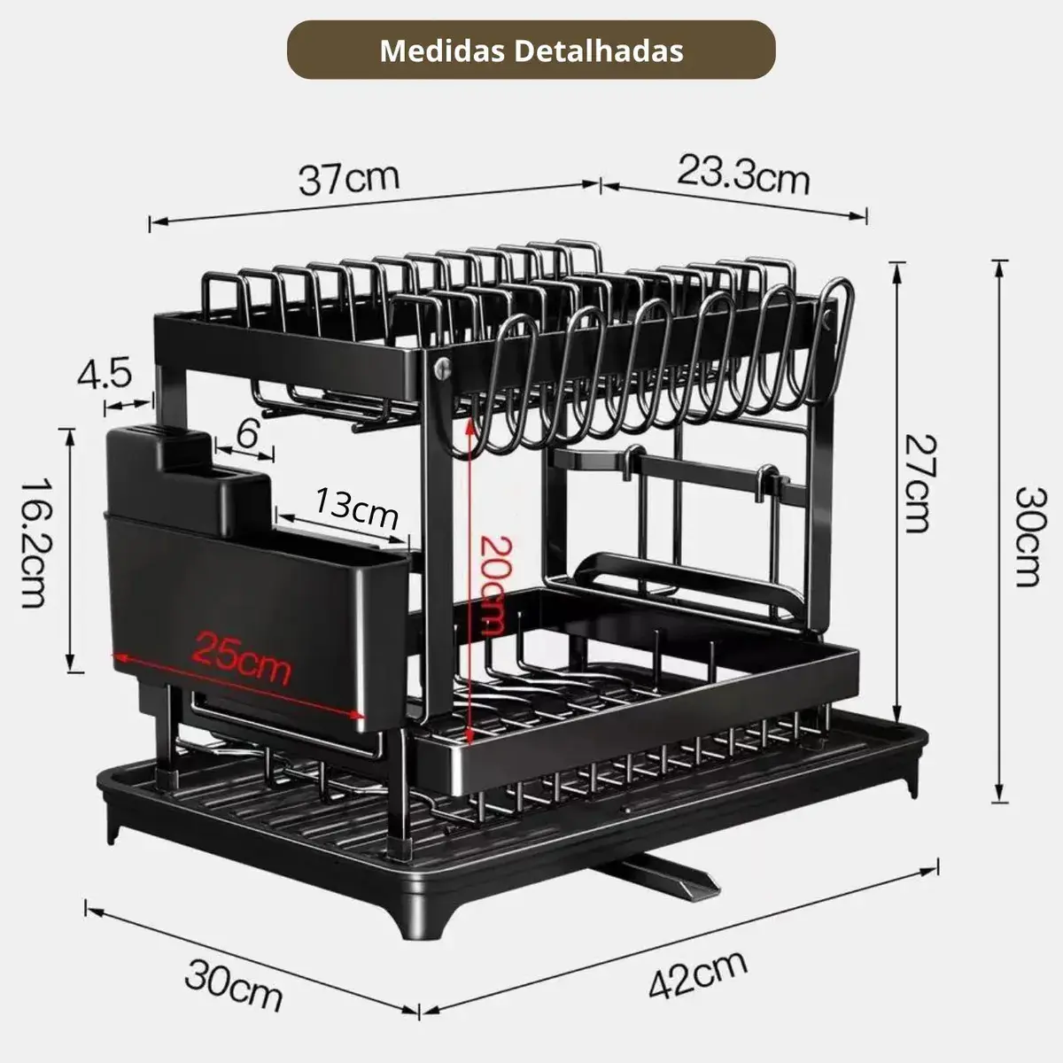 Escorredor de Louças 2 Andares Zelvi Aço Carbono Preto para Pratos Copos Talheres Organizador Pia Cozinha thumbnail 9