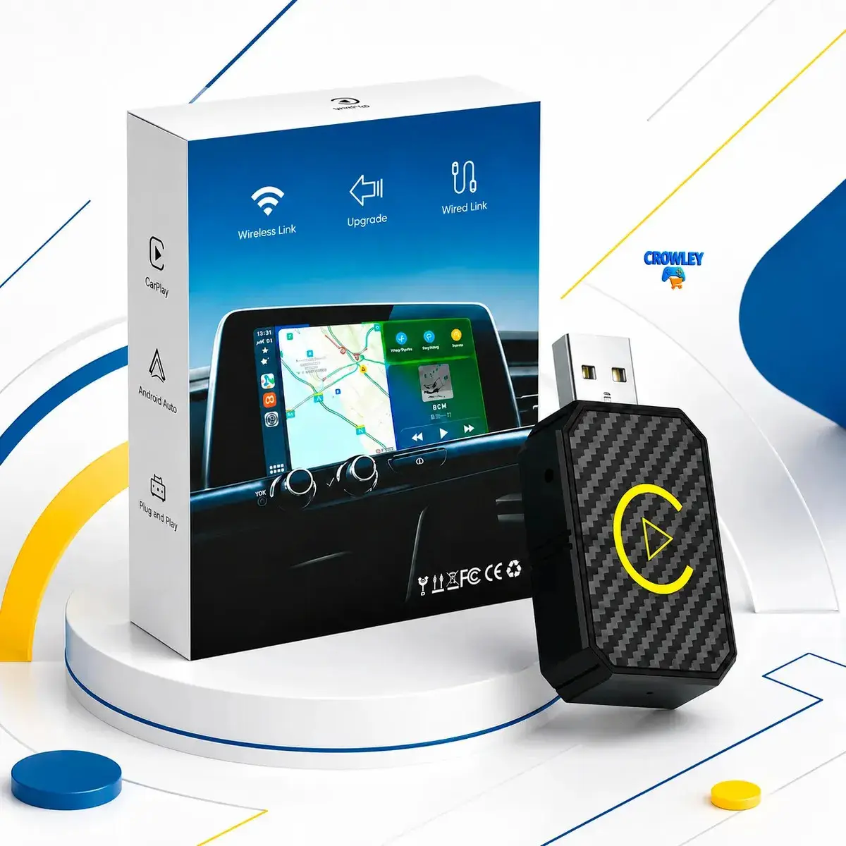 Adaptador Carplay Sem Fio Android Auto 2 Em 1 Usb Usb-c Wireless Plug play Automático Car play Smart Wireless AI Box Crowley